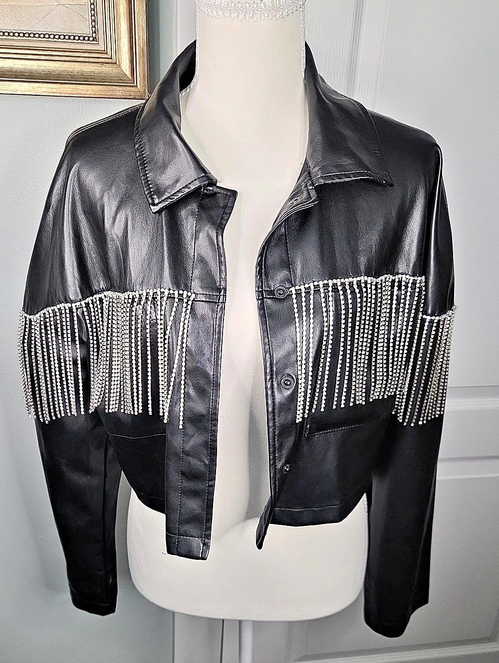 Forever 21 Faux Leather Rhinestone-Fringe Shacket Black Size Small